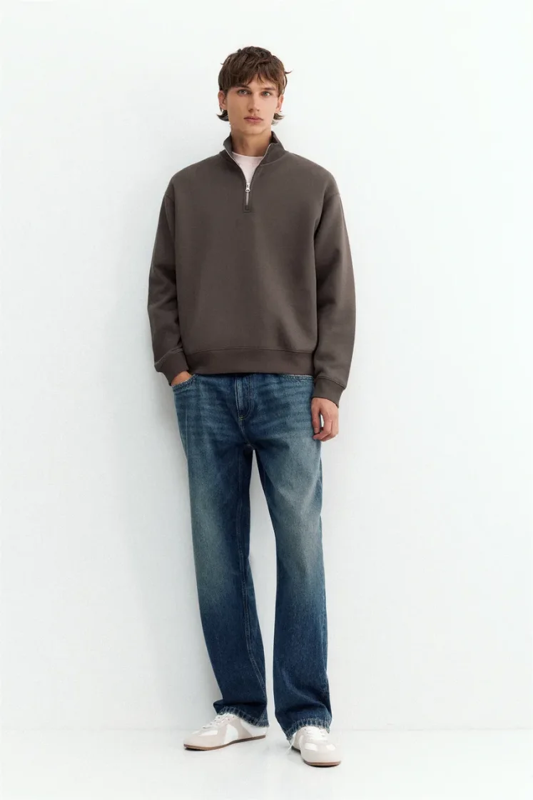 Pull&Bear Zip-Neck Long Sleeve Sweat — Charcoal