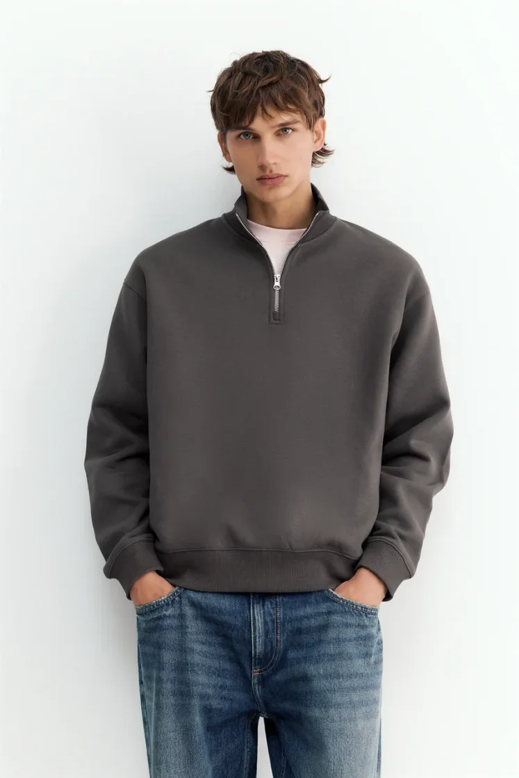 Pull&Bear Zip-Neck Long Sleeve Sweat — Charcoal