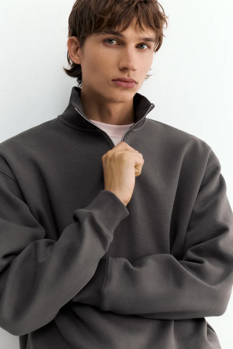 Pull&Bear Zip-Neck Long Sleeve Sweat — Charcoal