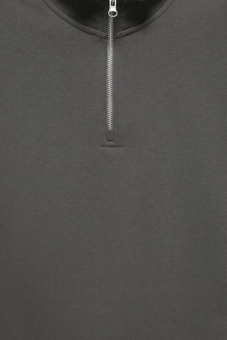 Pull&Bear Zip-Neck Long Sleeve Sweat — Charcoal