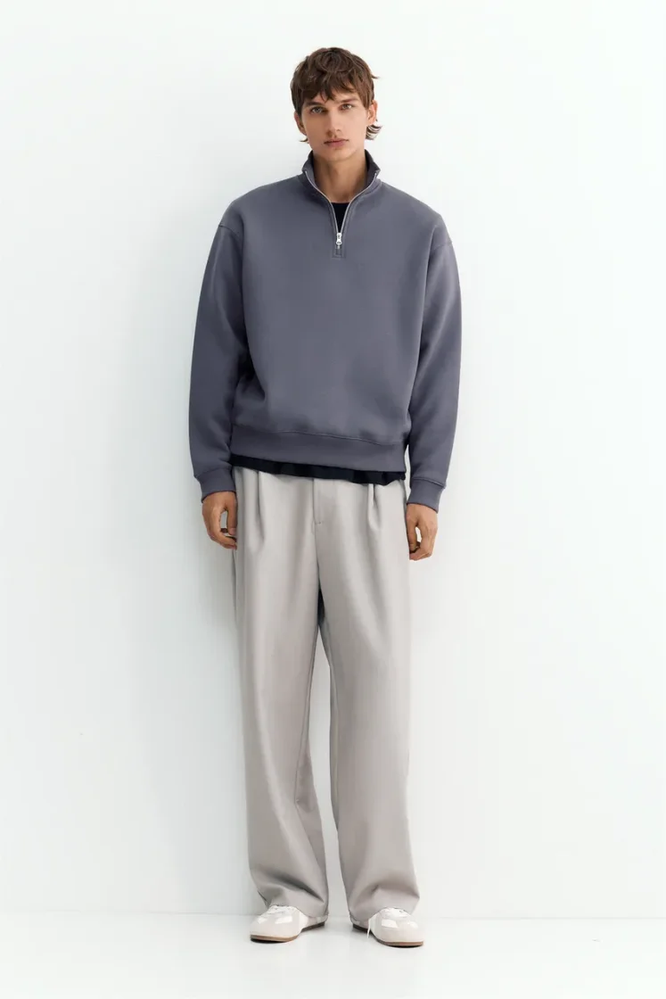 Pull&Bear Zip-Neck Long Sleeve Sweat — grey blue