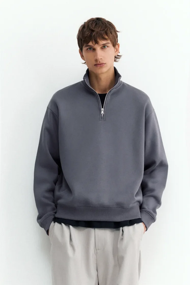 Pull&Bear Zip-Neck Long Sleeve Sweat — grey blue