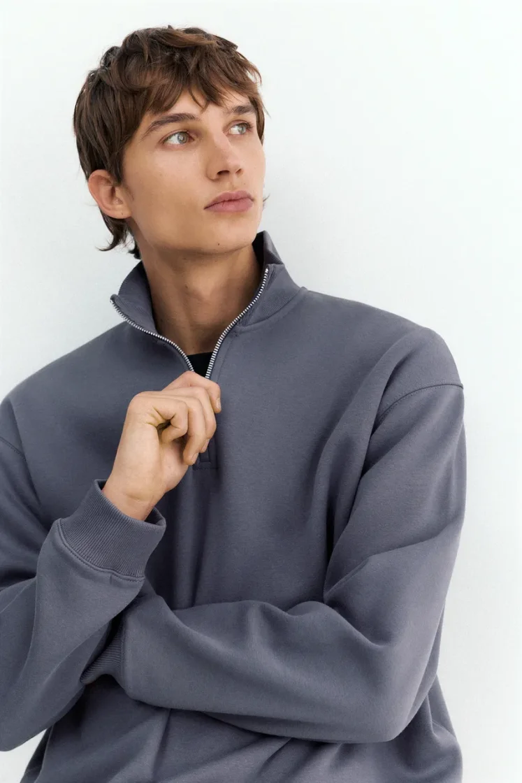 Pull&Bear Zip-Neck Long Sleeve Sweat — grey blue