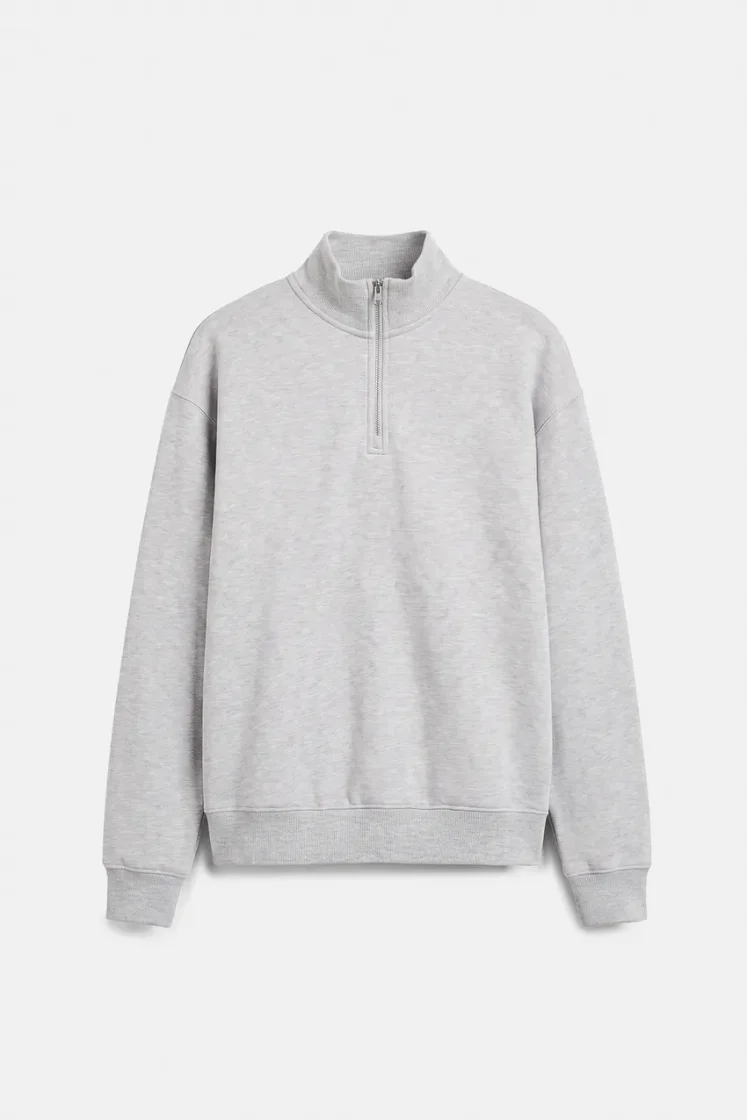 Pull&Bear Zip-Neck Long Sleeve Sweat — Light Grey