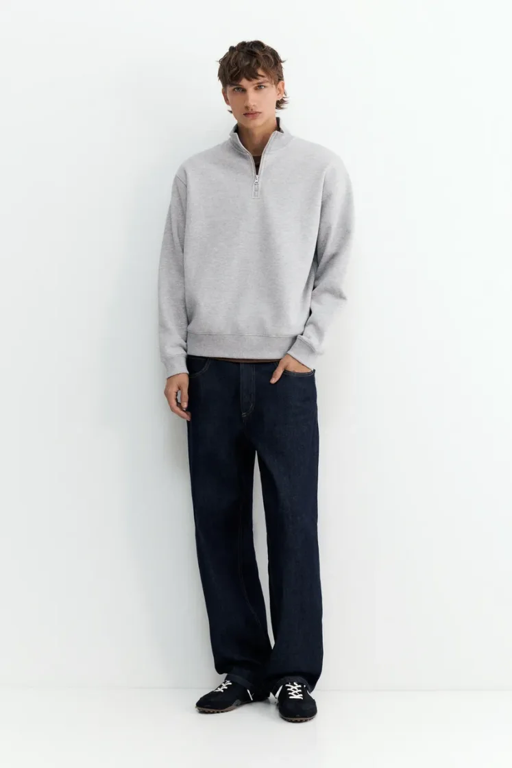 Pull&Bear Zip-Neck Long Sleeve Sweat — Light Grey