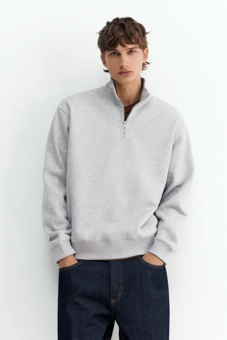 Pull&Bear Zip-Neck Long Sleeve Sweat — Light Grey