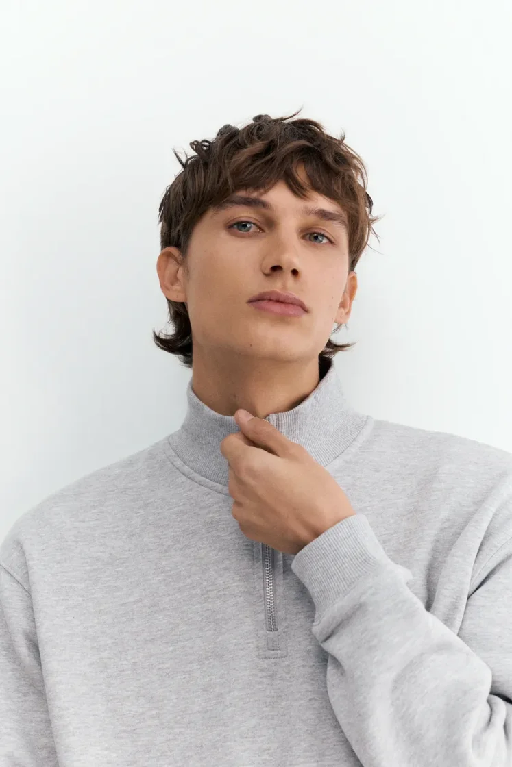 Pull&Bear Zip-Neck Long Sleeve Sweat — Light Grey