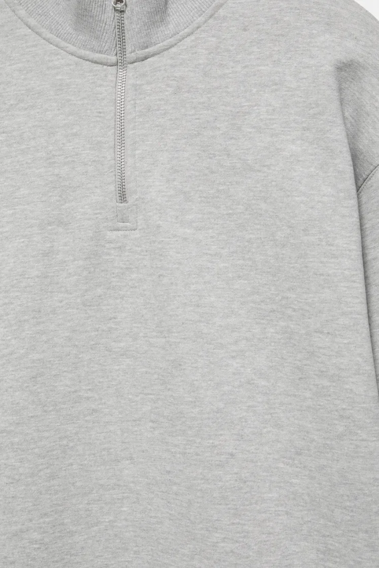 Pull&Bear Zip-Neck Long Sleeve Sweat — Light Grey