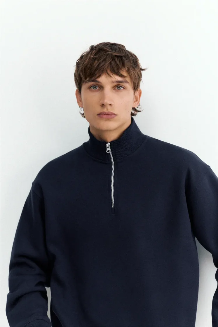 Pull&Bear Zip-Neck Long Sleeve Sweat — Navy
