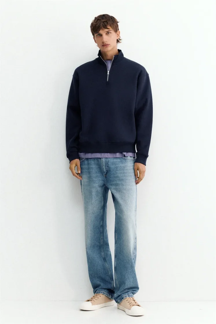 Pull&Bear Zip-Neck Long Sleeve Sweat — Navy