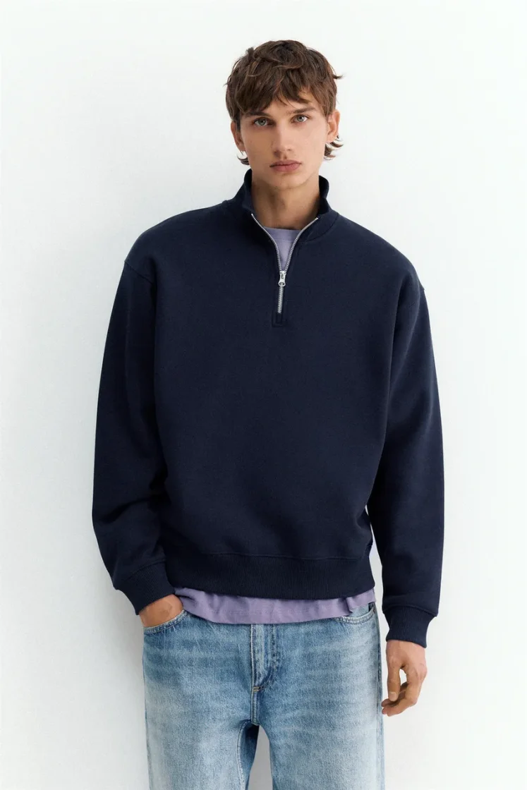 Pull&Bear Zip-Neck Long Sleeve Sweat — Navy