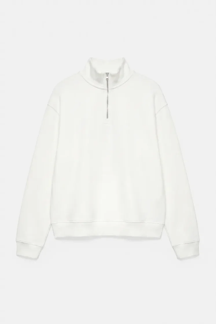 Pull&Bear Zip-Neck Long Sleeve Sweat — Off White