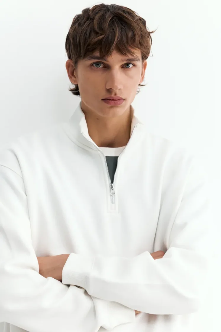 Pull&Bear Zip-Neck Long Sleeve Sweat — Off White