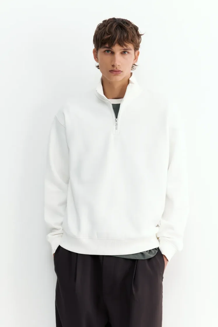 Pull&Bear Zip-Neck Long Sleeve Sweat — Off White