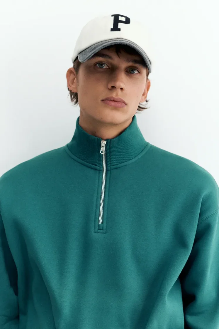 Pull&Bear Zip-Neck Long Sleeve Sweat — Teal