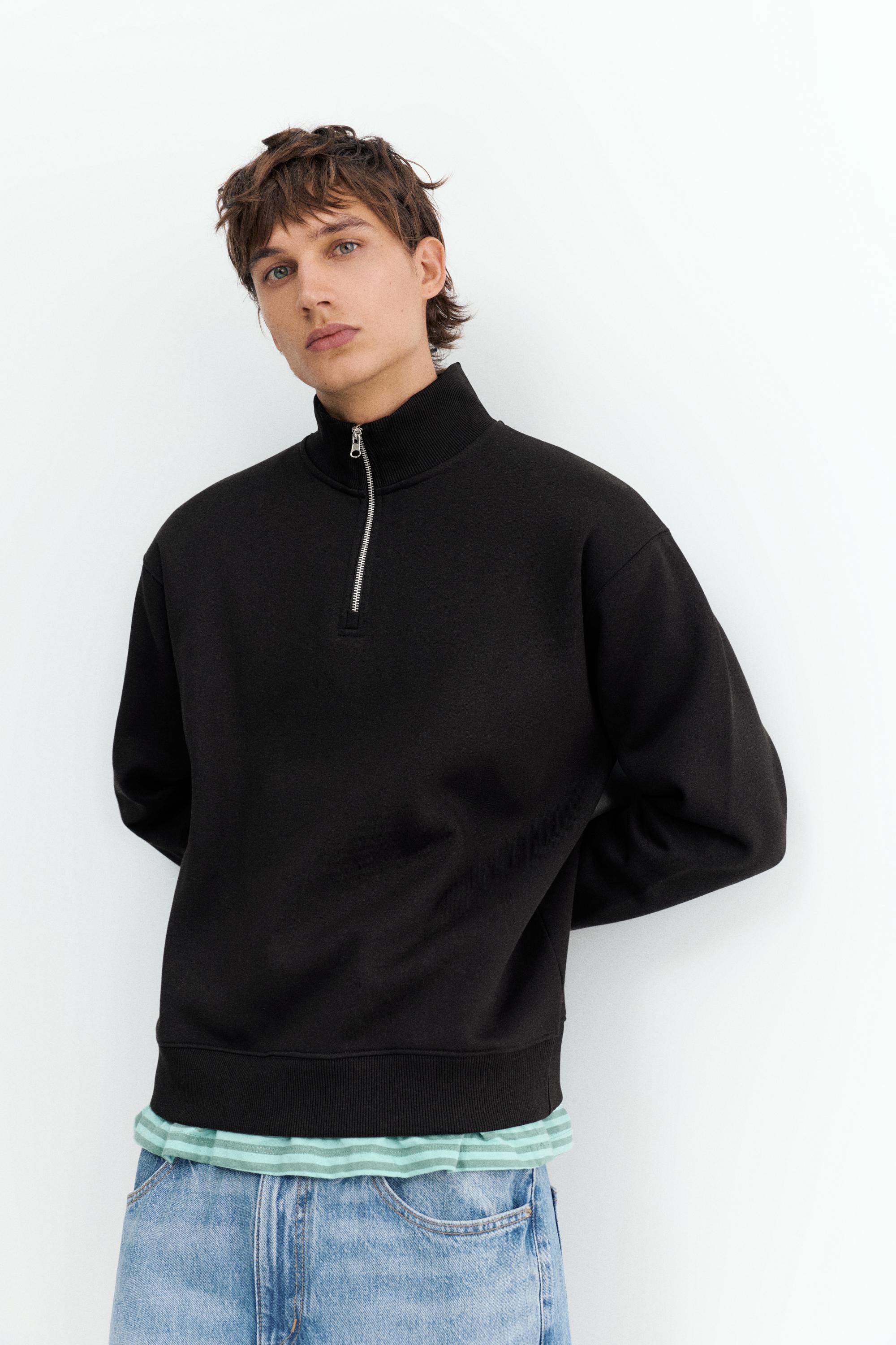 Pull&Bear Zip-Neck Long Sleeve Sweat — Noir