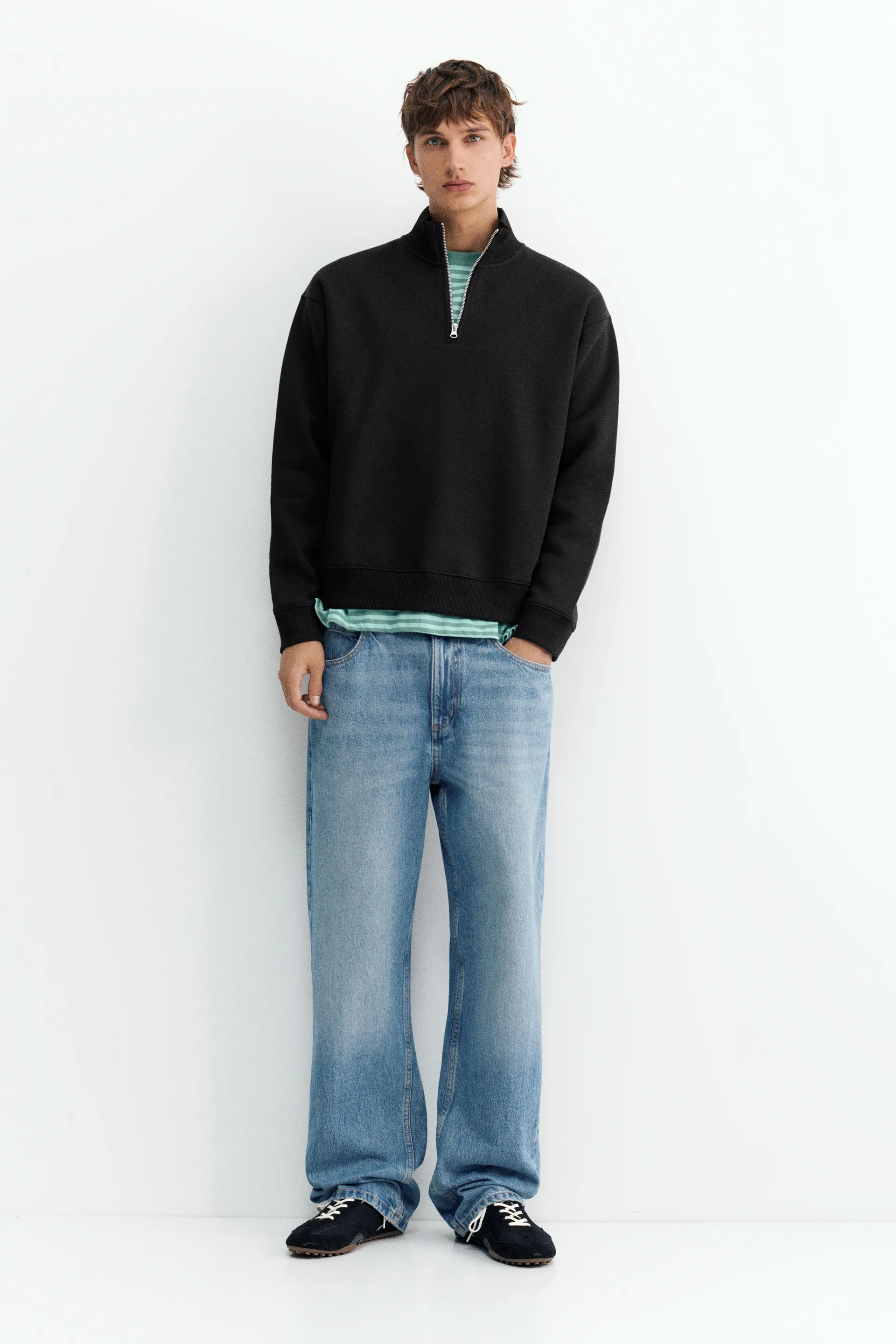 Pull&Bear Zip-Neck Long Sleeve Sweat — Noir