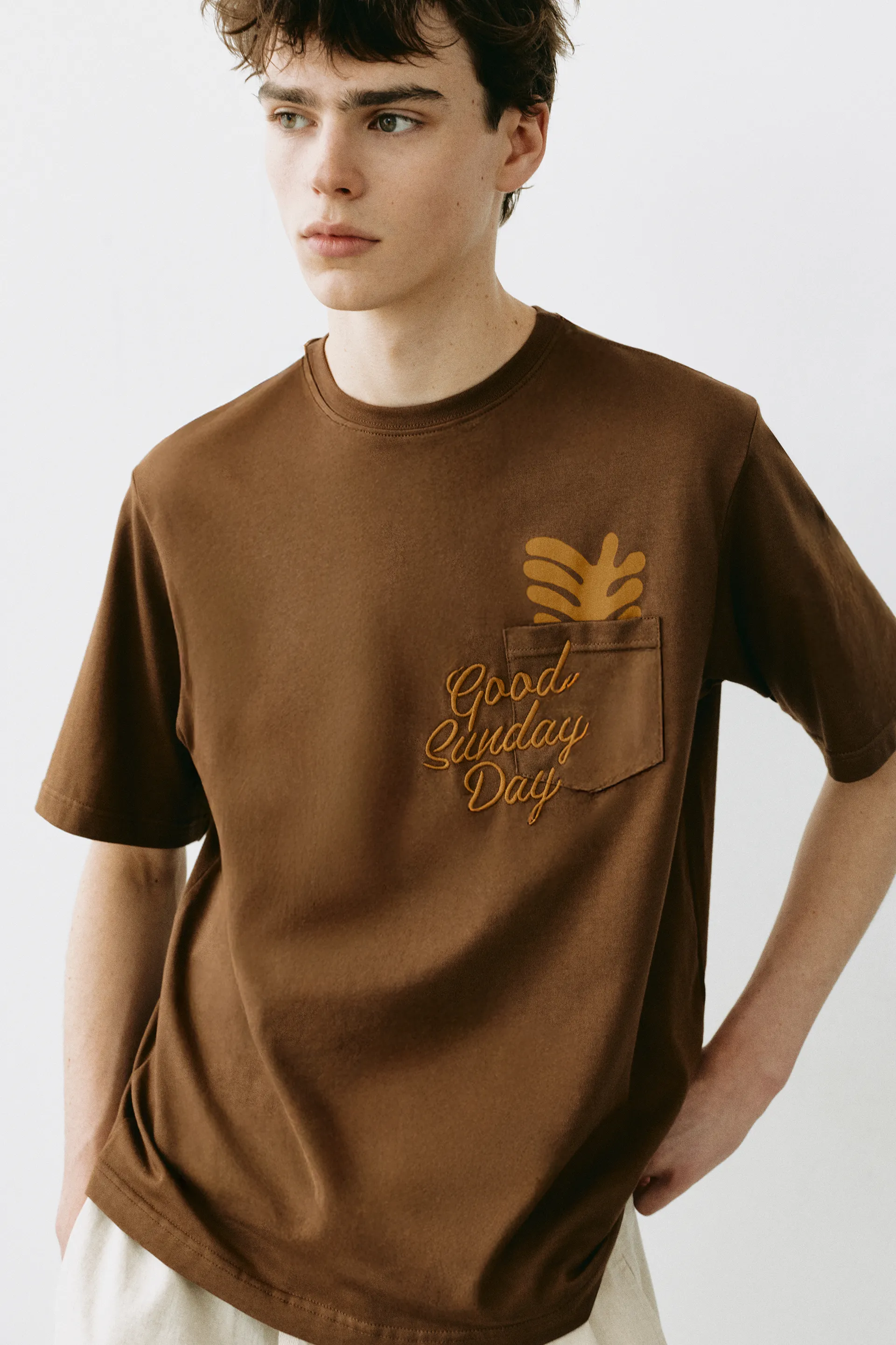 Pull&Bear Boxy Graphic Pocket Tee — Marron