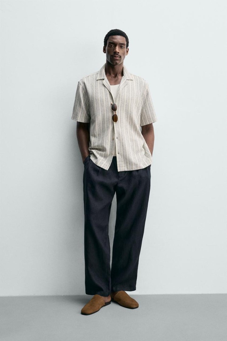Zara Textured Bowling Shirt — beige / blue