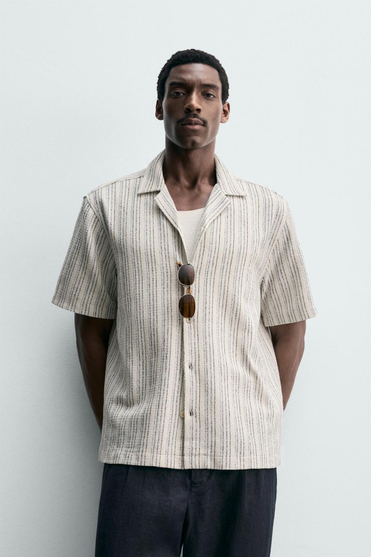 Zara Textured Bowling Shirt — beige / blue