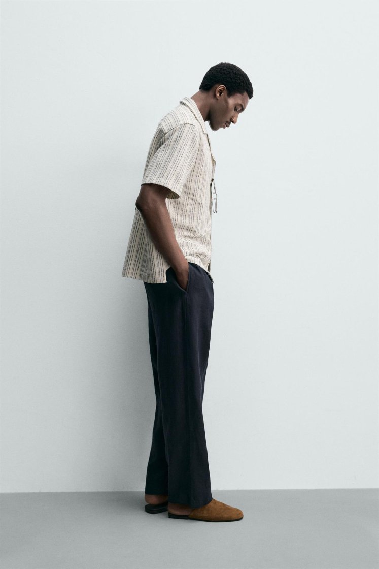 Zara Textured Bowling Shirt — beige / blue