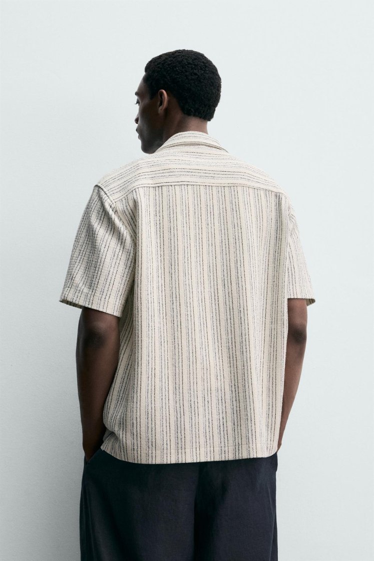 Zara Textured Bowling Shirt — beige / blue