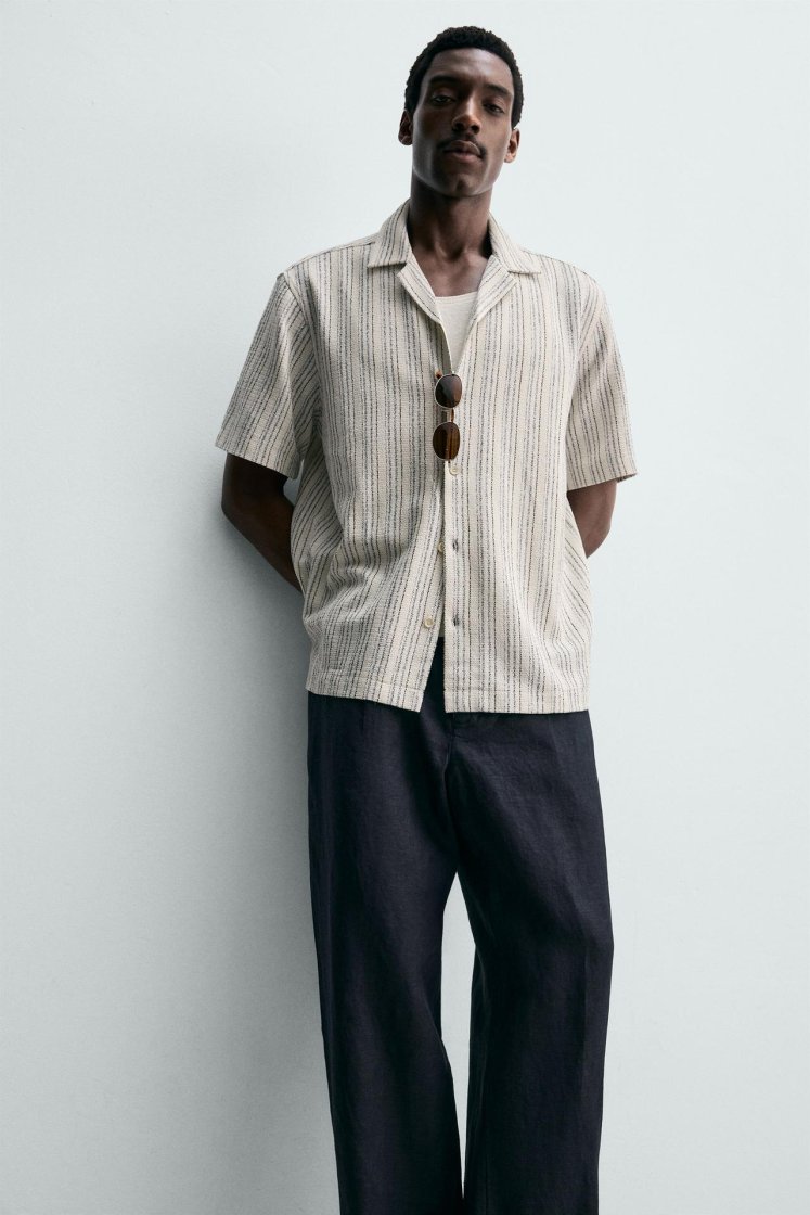 Zara Textured Bowling Shirt — beige / blue