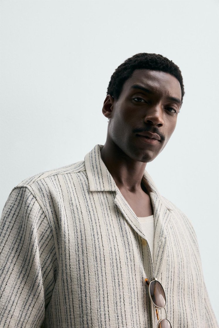 Zara Textured Bowling Shirt — beige / blue