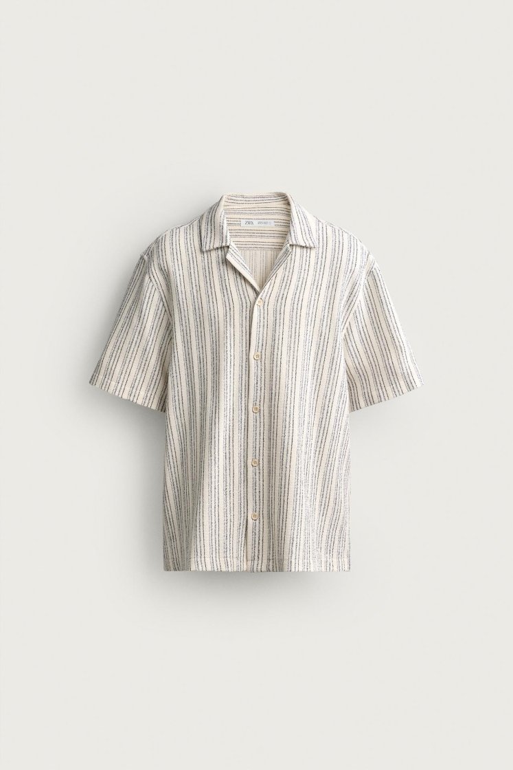 Zara Textured Bowling Shirt — beige / blue