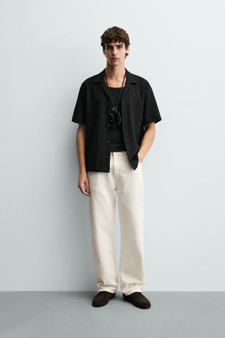 Zara Textured Bowling Shirt — Black