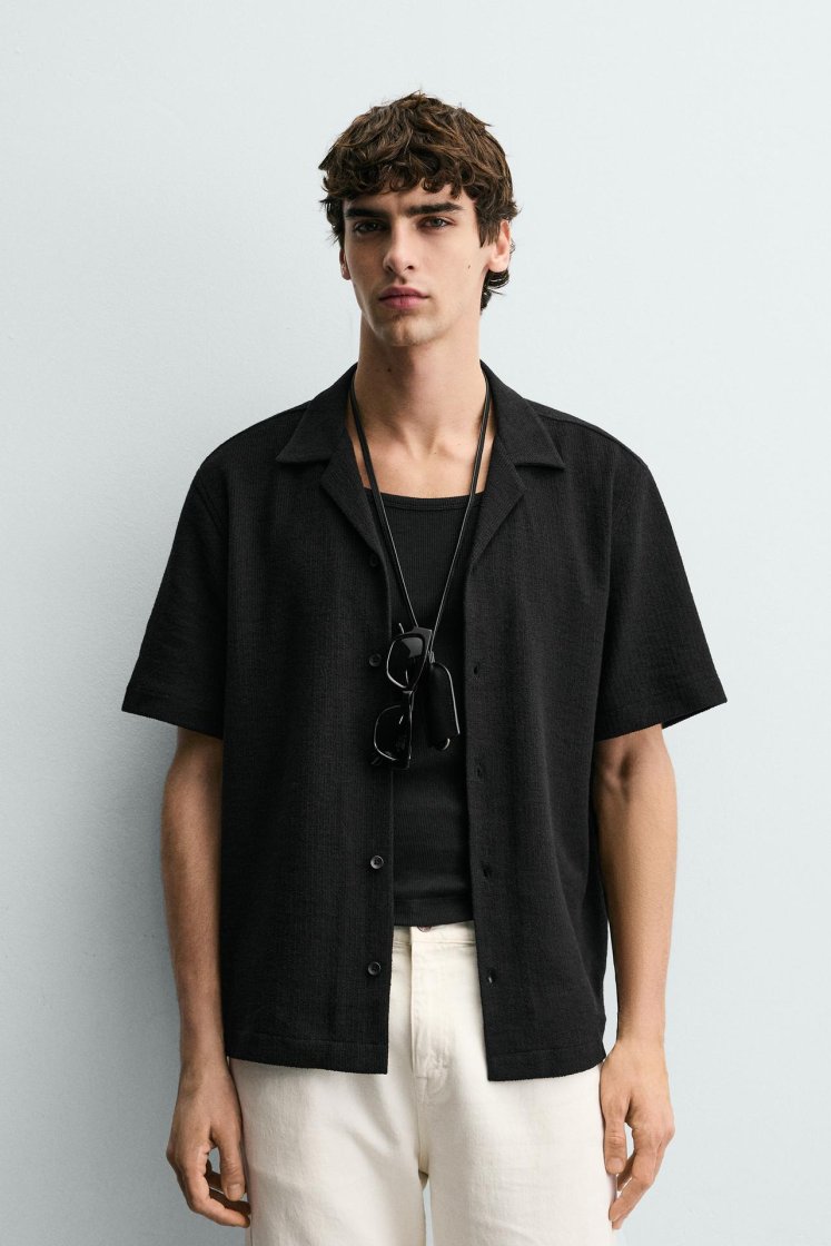 Zara Textured Bowling Shirt — Black