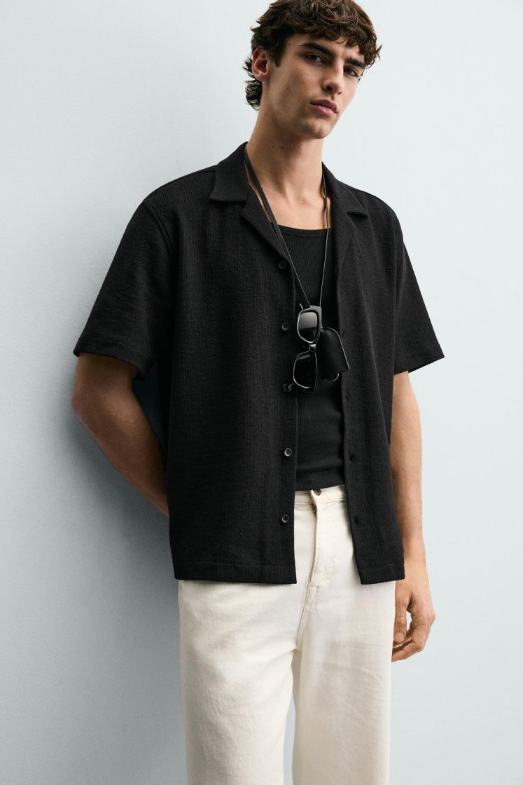 Zara Textured Bowling Shirt — Black