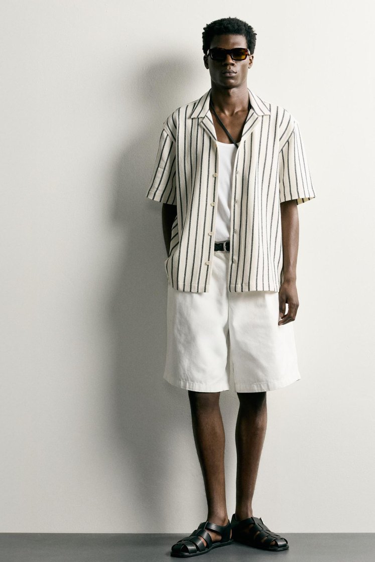 Zara Textured Bowling Shirt — black / beige