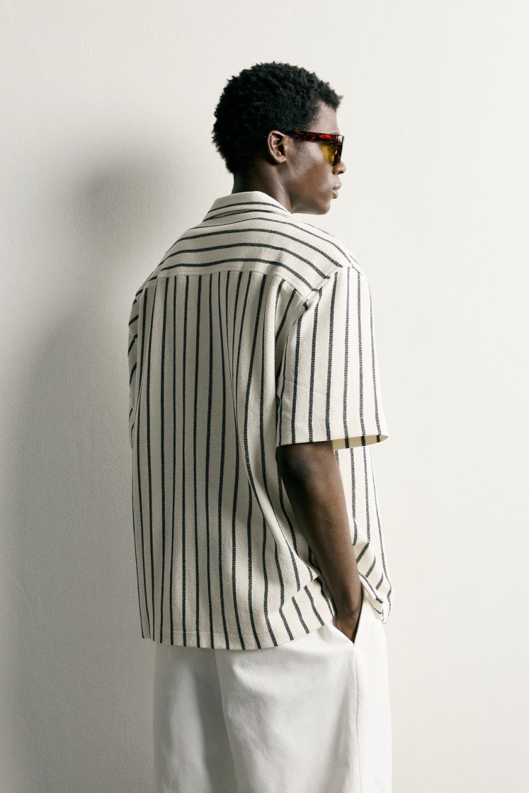 Zara Textured Bowling Shirt — black / beige