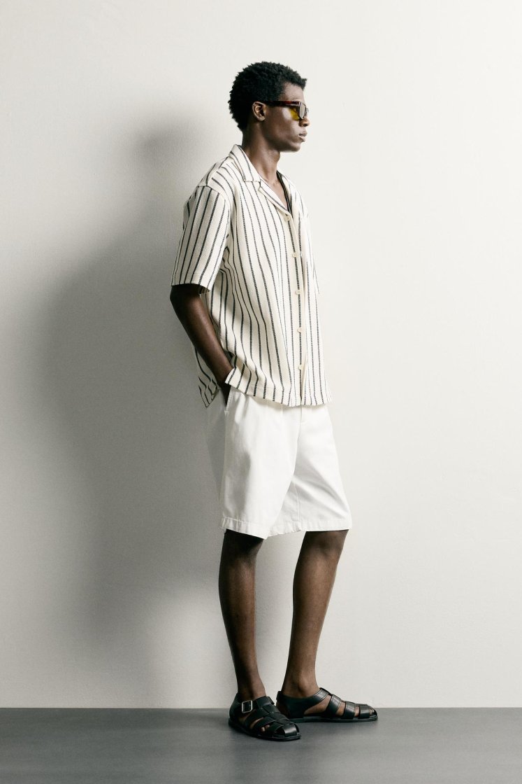 Zara Textured Bowling Shirt — black / beige