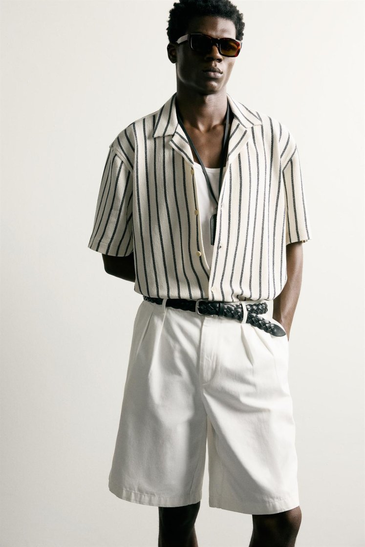 Zara Textured Bowling Shirt — black / beige