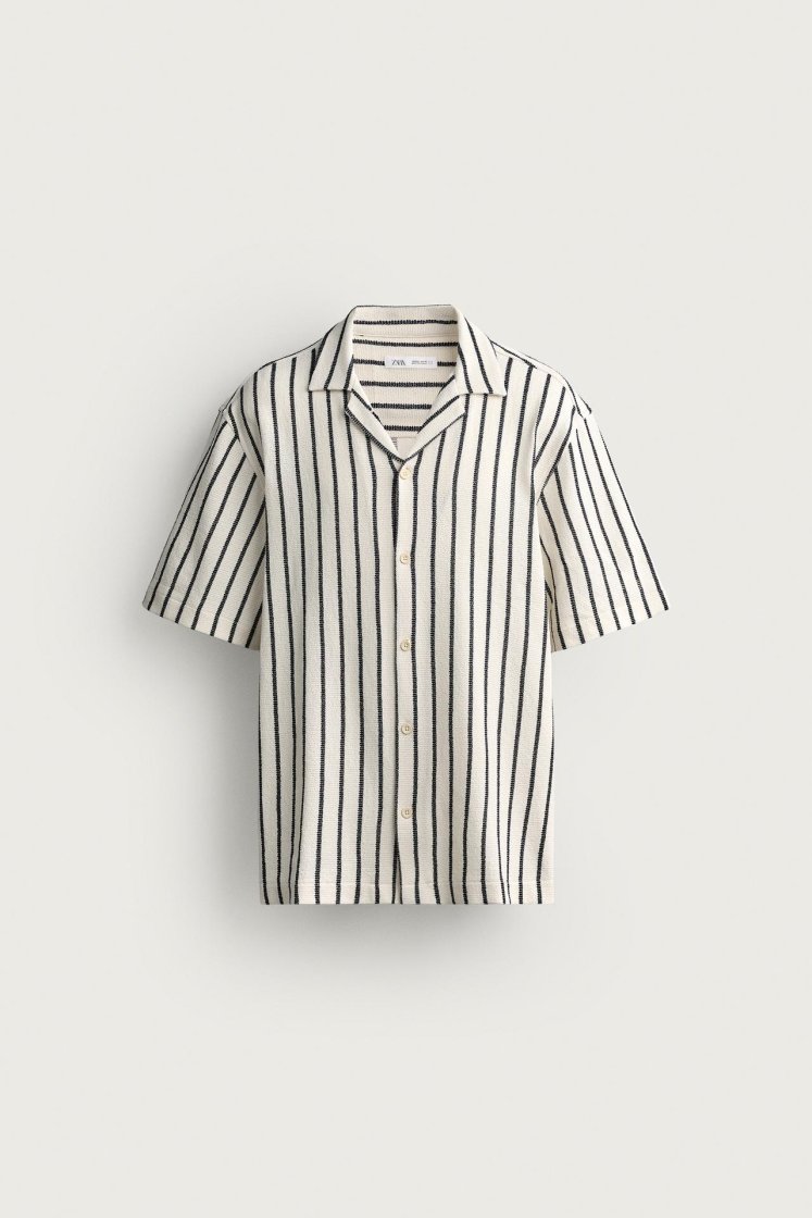 Zara Textured Bowling Shirt — black / beige