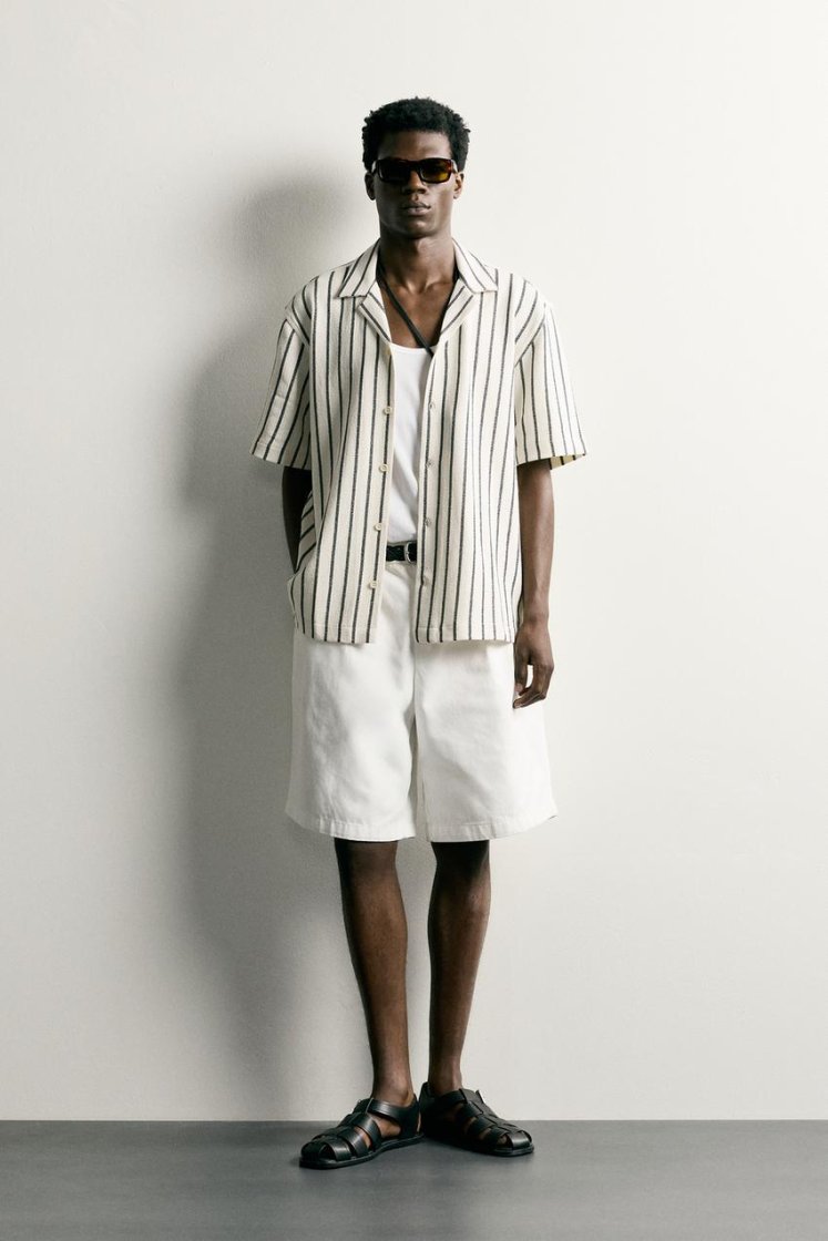 Zara Textured Bowling Shirt — black / beige