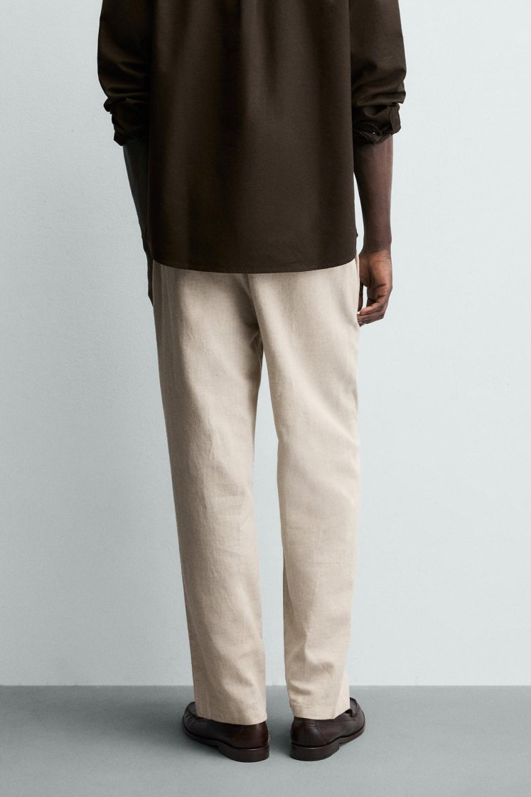 Zara Relaxed Cotton-Linen Trousers — Beige