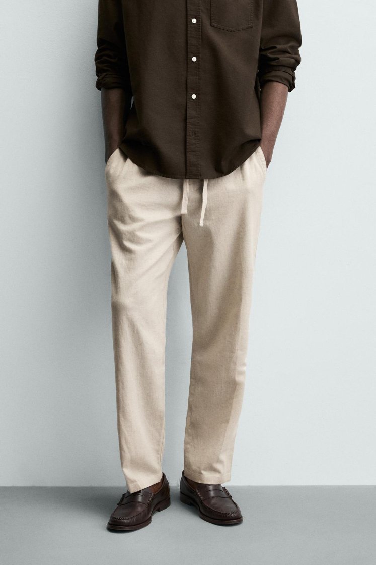 Zara Relaxed Cotton-Linen Trousers — Beige