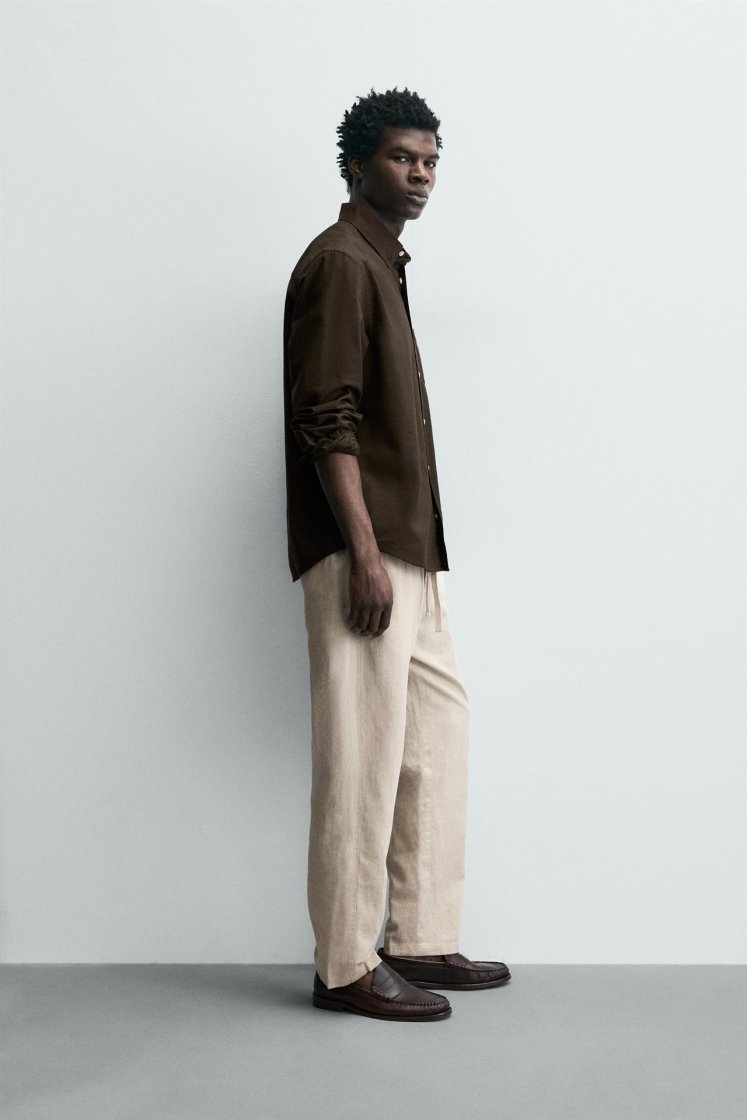 Zara Relaxed Cotton-Linen Trousers — Beige