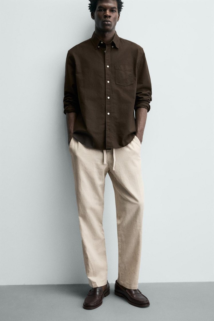 Zara Relaxed Cotton-Linen Trousers — Beige