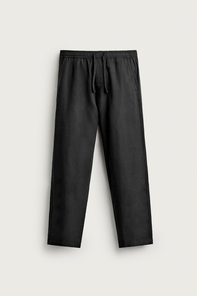 Zara Relaxed Cotton-Linen Trousers — Black