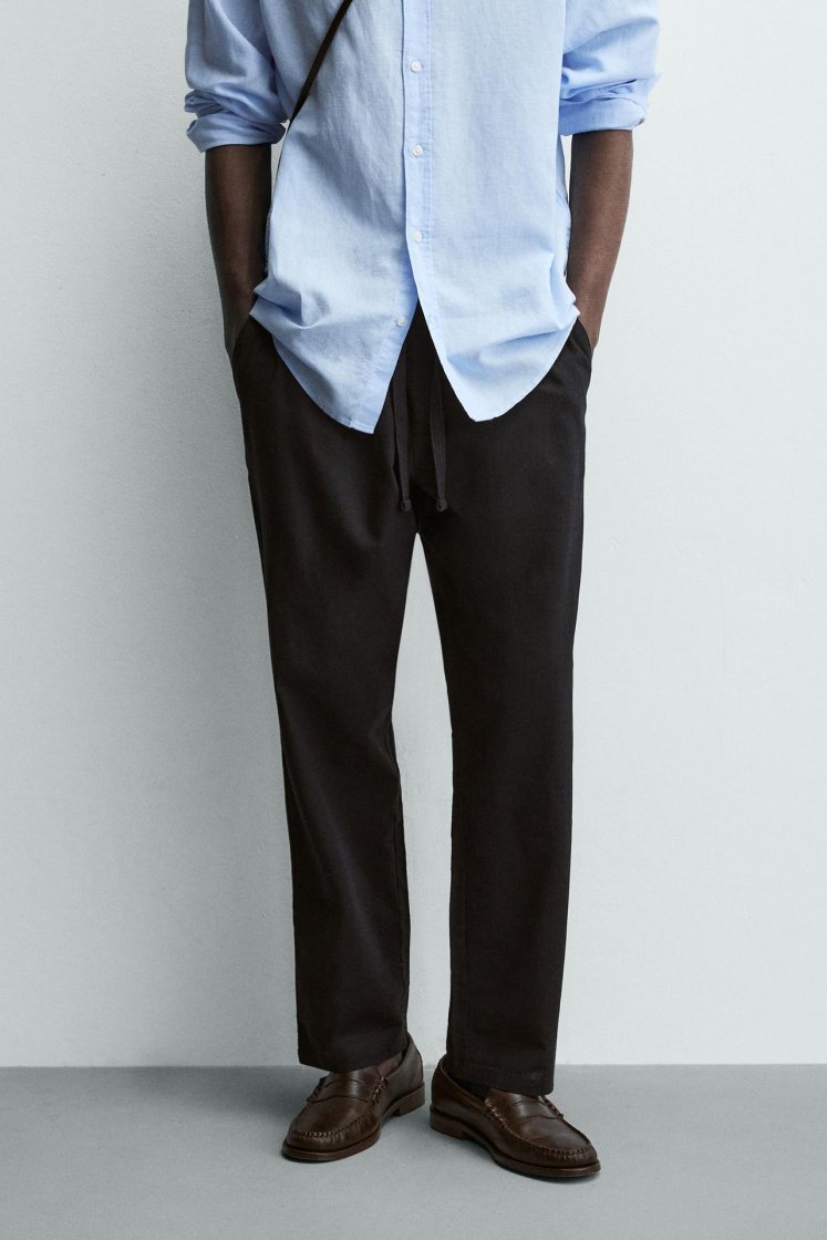 Zara Relaxed Cotton-Linen Trousers — Black