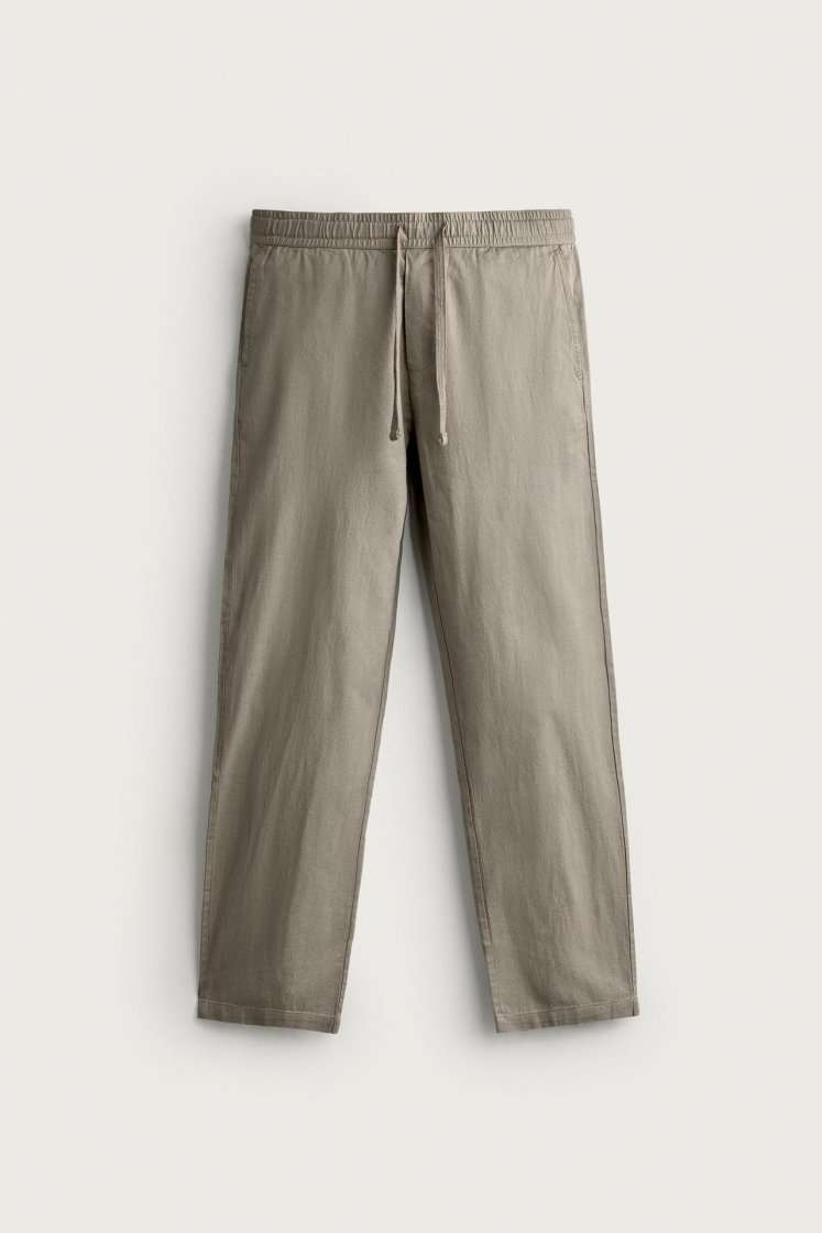 Zara Relaxed Cotton-Linen Trousers — Kaki