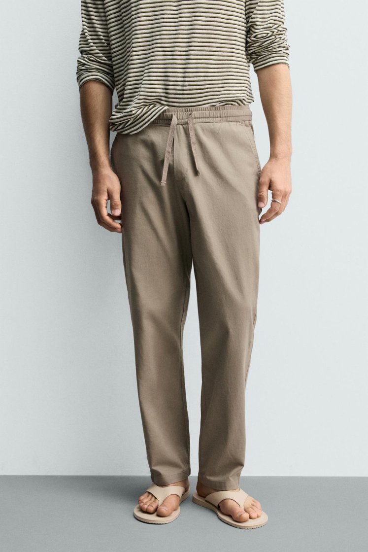 Zara Relaxed Cotton-Linen Trousers — Kaki