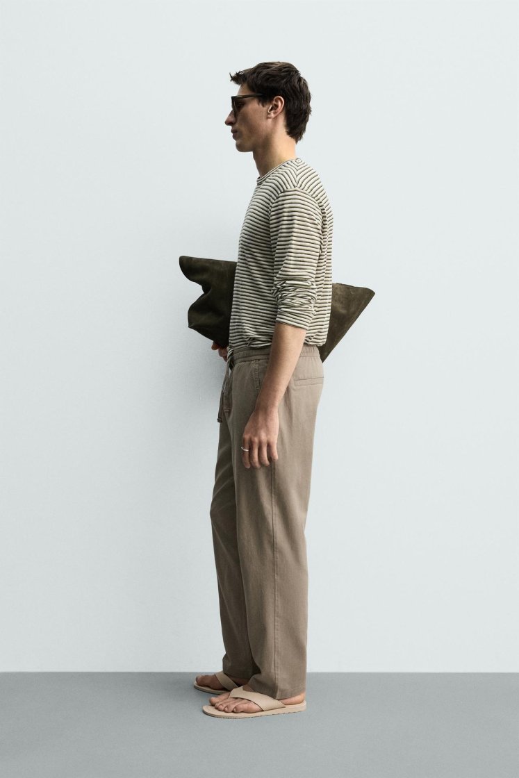 Zara Relaxed Cotton-Linen Trousers — Kaki
