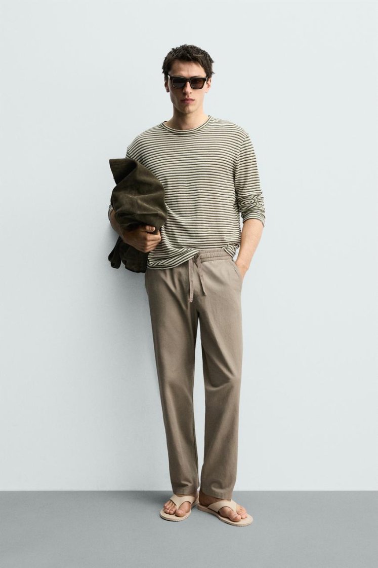 Zara Relaxed Cotton-Linen Trousers — Kaki