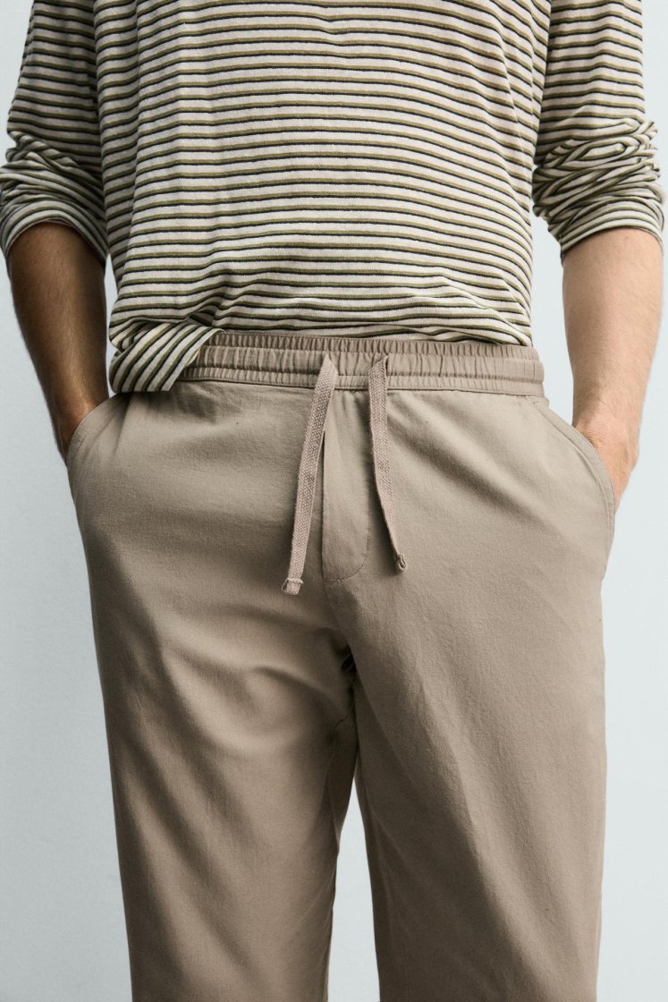 Zara Relaxed Cotton-Linen Trousers — Kaki