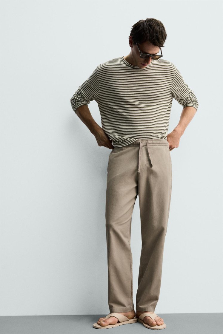 Zara Relaxed Cotton-Linen Trousers — Kaki